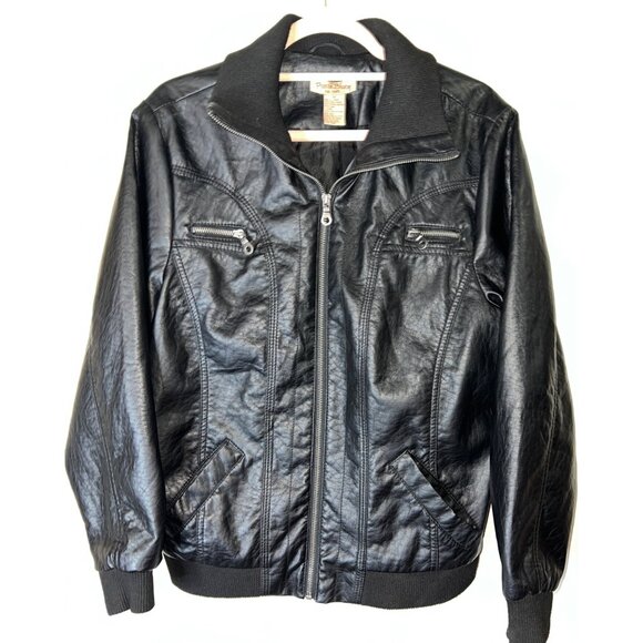 Paris Blues Womens Black Faux Leather Bomber Jacket 1X With Zipper Front & Ribbe - Picture 2 of 5